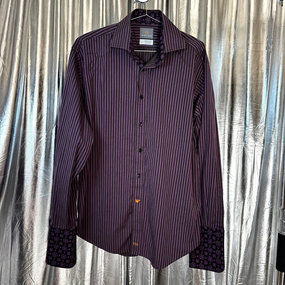 Thomas Dean Purple Black Striped Button Up Shirt Contrast Cuffs